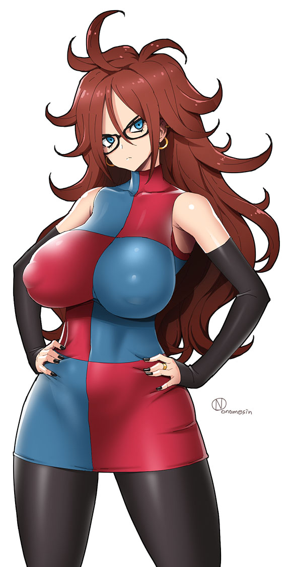 1girl android_21 arm_warmers bare_shoulders big_hair black-framed_eyewear black-framed_glasses black_legwear black_nails blue_eyes breasts brown_hair checkered checkered_dress collarbone curly_hair curvy detached_sleeves dragon_ball dragon_ball_fighterz dress earrings erect_nipples glasses hands_on_hips head_tilt hoop_earrings impossible_clothes impossible_dress jewelry large_breasts long_hair looking_at_viewer multicolored_clothes multicolored_dress nail_polish onomeshin pantyhose redhead ring simple_background solo thighs turtleneck_dress white_background