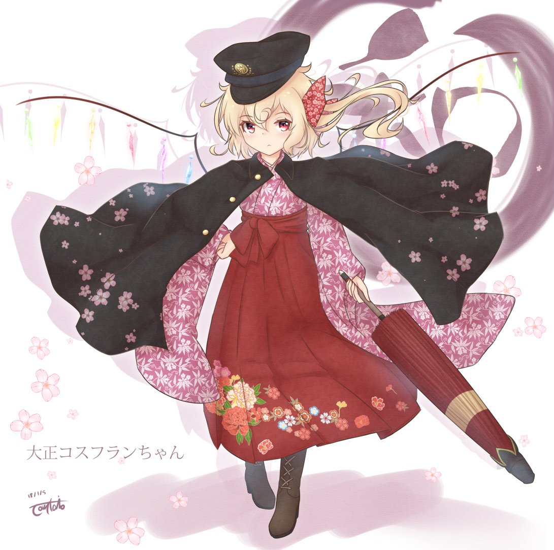 1girl afterimage alternate_costume black_hat black_shirt blonde_hair boots commentary_request coreytaiyo flandre_scarlet floral_print full_body hat japanese_clothes meiji_schoolgirl_uniform parasol shirt short_hair solo standing touhou translation_request umbrella wings