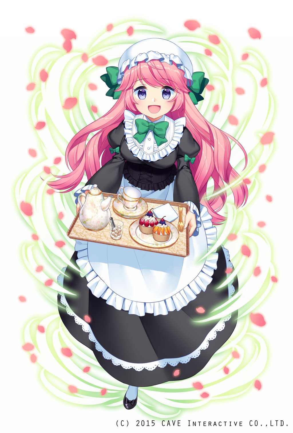 1girl :d apron black_footwear black_shirt black_skirt blue_eyes blurry blurry_foreground blush bow bowtie cup depth_of_field eyebrows_visible_through_hair food full_body glass gothic_wa_mahou_otome green_neckwear green_ribbon hair_ribbon highres holding holding_tray jenevan juliet_sleeves long_hair long_sleeves looking_at_viewer maid maid_apron maid_cap official_art open_mouth pastry petals pink_hair puffy_sleeves ribbon shirt shoes simple_background skirt smile socks solo teacup tray watermark white_background white_legwear