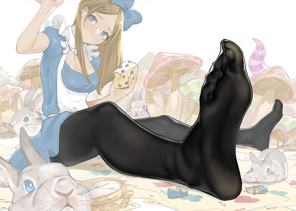 1girl alice_(wonderland) alice_in_wonderland animal apron arm_up bangs black_legwear blonde_hair blue_eyes bow breasts card cleavage cleavage_cutout clock club_(shape) commentary_request diamond_(shape) dress feet food footwear_removed frown hair_bow head_tilt heart holding holding_food long_hair looking_at_viewer medium_breasts mushroom no_shoes pantyhose parted_bangs perspective playing_card rabbit shoes_removed sitting soles solo spade_(shape) toes yomu_(sgt_epper)