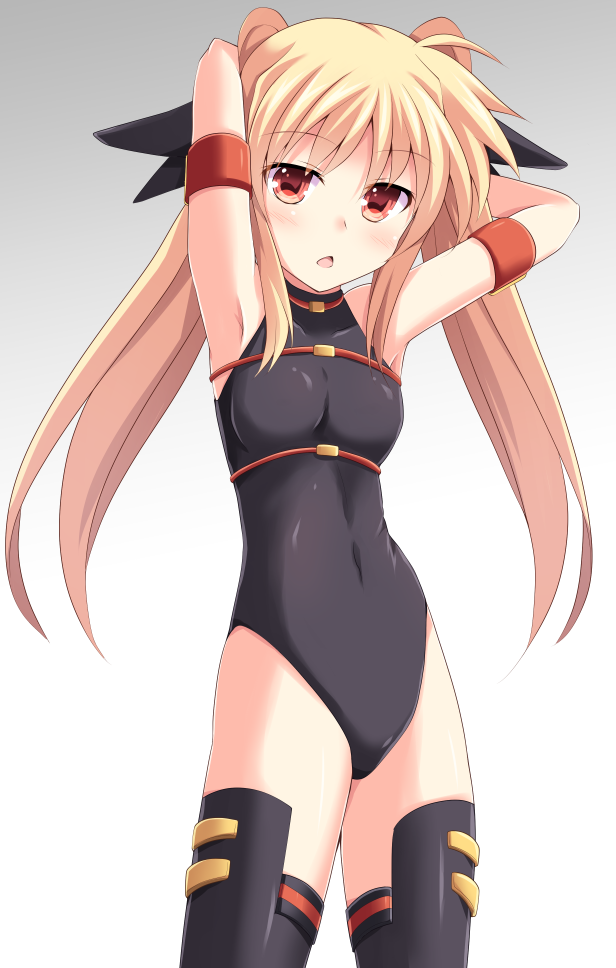 1girl arm_strap armpits arms_up blonde_hair cowboy_shot cross_(crossryou) fate_testarossa leotard long_hair looking_at_viewer lyrical_nanoha open_mouth red_eyes simple_background solo standing thigh-highs twintails