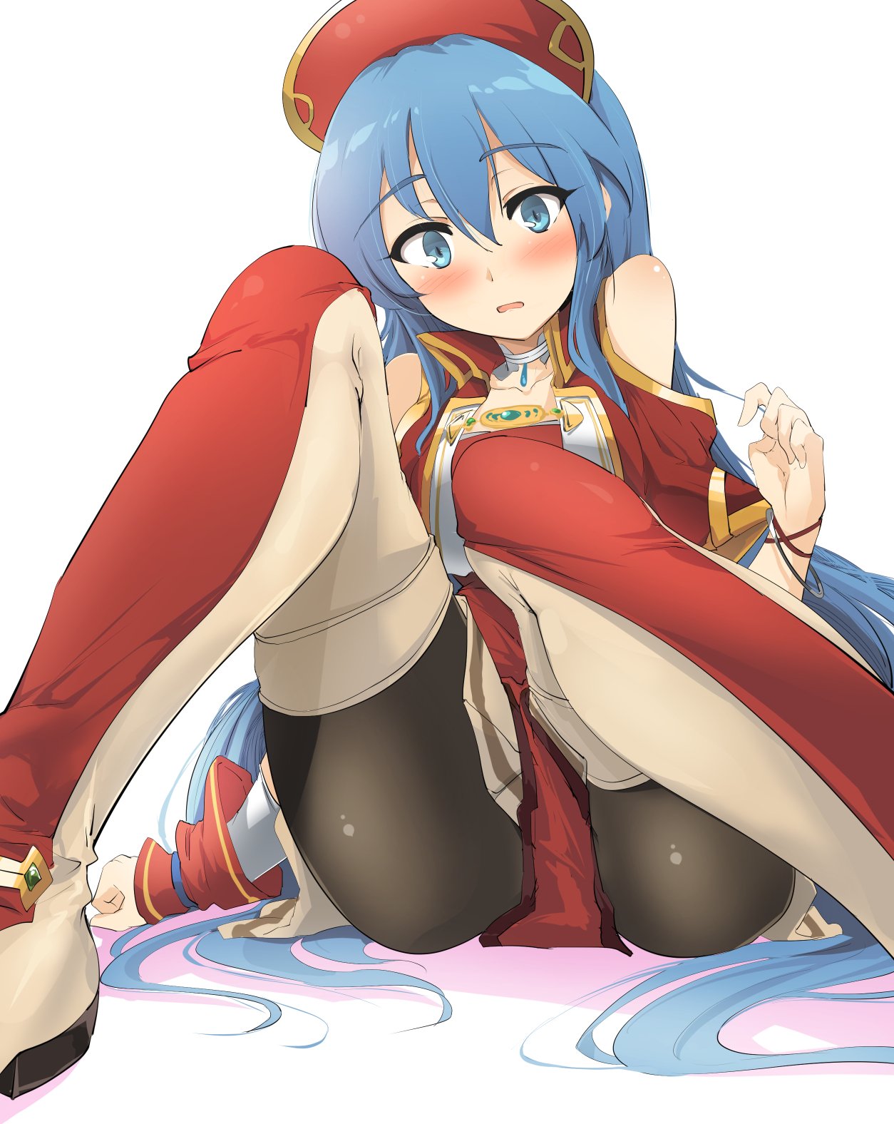 1girl ass black_legwear blue_eyes blue_hair blush commentary_request dress eyebrows_visible_through_hair fire_emblem fire_emblem:_fuuin_no_tsurugi hat highres lilina long_hair momio open_mouth pantyhose solo white_background