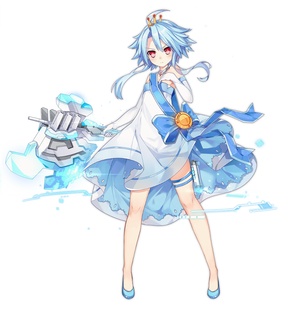 1girl ahoge axe azur_lane bare_shoulders blue_bow blue_footwear blue_hair blush bow closed_mouth dress elbow_gloves full_body gloves hair_intakes holding holding_weapon long_hair neptune_(series) official_art power_symbol shoes short_hair_with_long_locks simple_background solo strapless strapless_dress symbol-shaped_pupils thigh_strap tiara transparent_background tsunako v-shaped_eyebrows weapon white_dress white_gloves white_heart