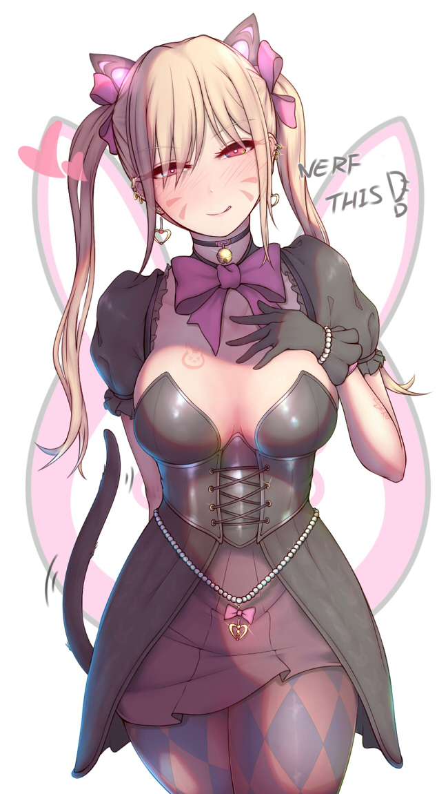 1girl :q alternate_costume argyle argyle_legwear arm_behind_back bangs beads bell bell_choker black_cat_d.va black_dress black_gloves blonde_hair blush bow bowtie breast_tattoo breasts cat_tail choker collarbone corset cowboy_shot d.va_(overwatch) dress ear_piercing earrings english eyebrows_visible_through_hair facial_mark glint gloves hair_between_eyes hair_ribbon half-closed_eyes hand_on_own_chest hand_up head_tilt heart heart_earrings jewelry jingle_bell large_breasts legs_together long_hair looking_at_viewer motion_lines naughty_face nikuku_(kazedesune) nose_blush overwatch pantyhose piercing pink_bow pink_eyes pink_legwear pink_neckwear pink_ribbon puffy_short_sleeves puffy_sleeves purple_legwear revision ribbon shade short_dress short_sleeves sidelocks smile solo standing tail tattoo thighs tongue tongue_out twintails whisker_markings white_background
