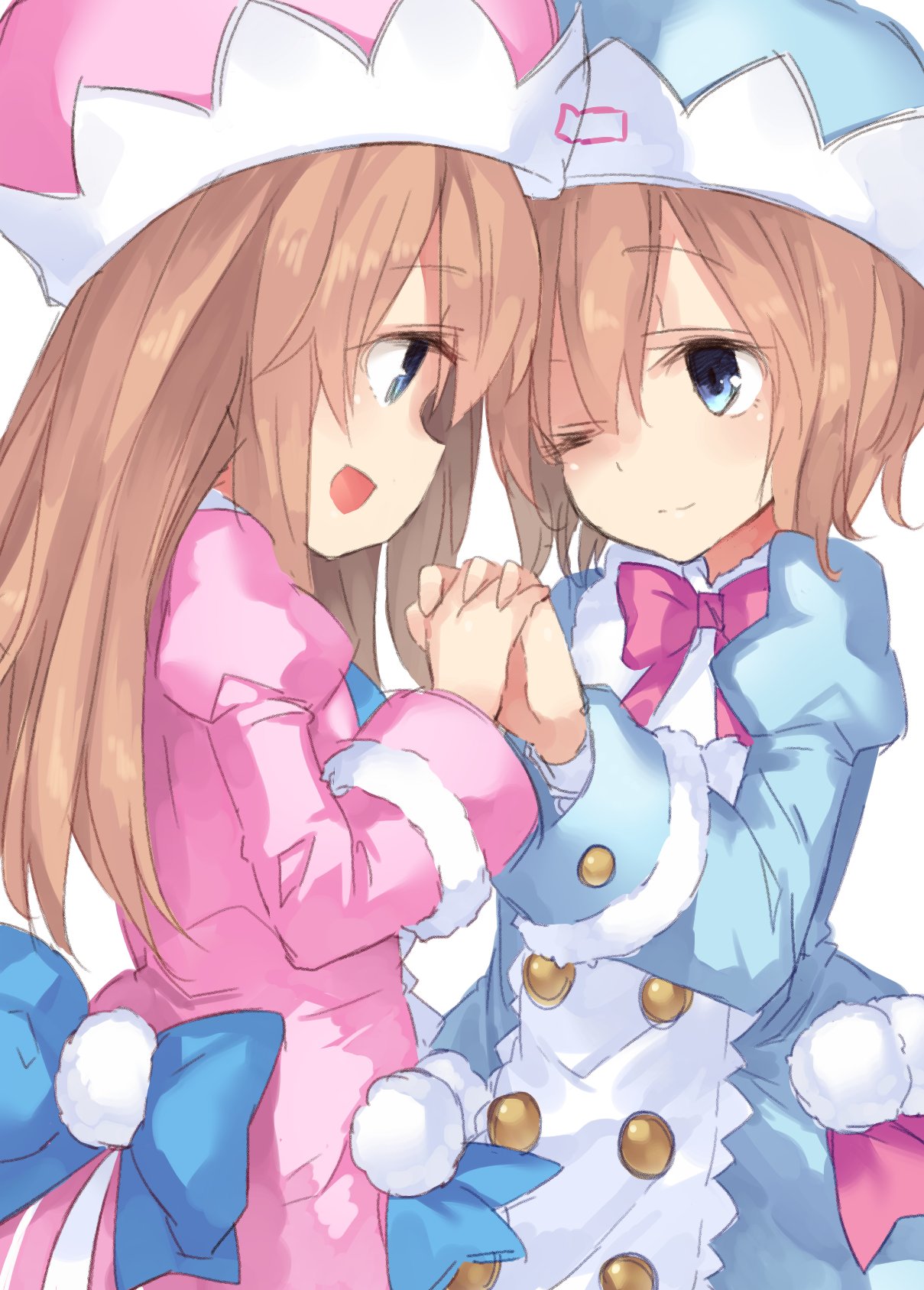 2girls :d ;) blancpig_yryr blue_eyes blue_jacket blue_neckwear blue_ribbon brown_hair double-breasted hat highres interlocked_fingers jacket long_hair looking_at_another multiple_girls neptune_(series) one_eye_closed open_mouth pink_jacket pink_neckwear pink_ribbon ram_(choujigen_game_neptune) ribbon rom_(choujigen_game_neptune) short_hair siblings simple_background sisters smile twins white_background