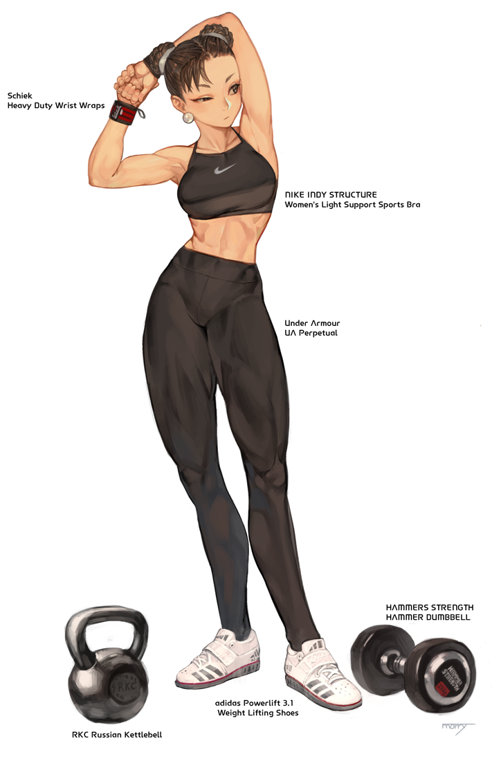 1girl bracelet capcom casual chun-li eyeshadow jewelry leggings makeup na_in-sung shoes solo sports_bra street_fighter stretch toned