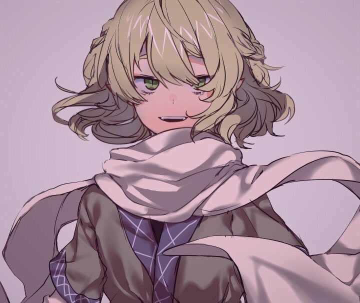 1girl bangs blonde_hair green_eyes grey_background looking_at_viewer mizuhashi_parsee momotarou_(4188momoko) open_mouth scarf short_hair short_sleeves simple_background slit_pupils solo touhou upper_body white_scarf