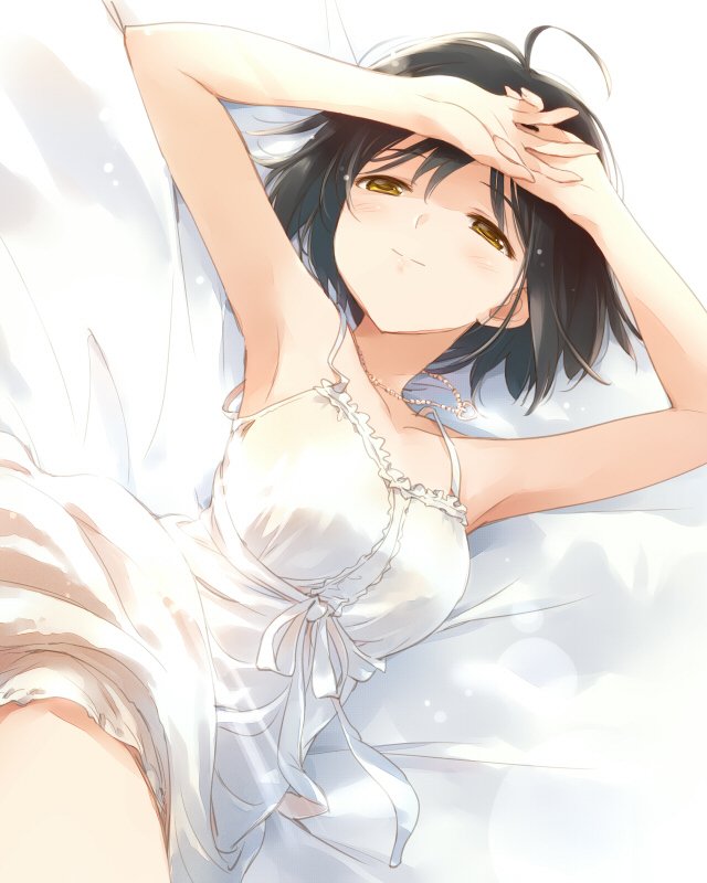 1girl armpits asoka black_hair blush breasts closed_mouth commentary_request dress idolmaster idolmaster_cinderella_girls jewelry large_breasts looking_at_viewer necklace short_hair smile solo takafuji_kako white_dress yellow_eyes