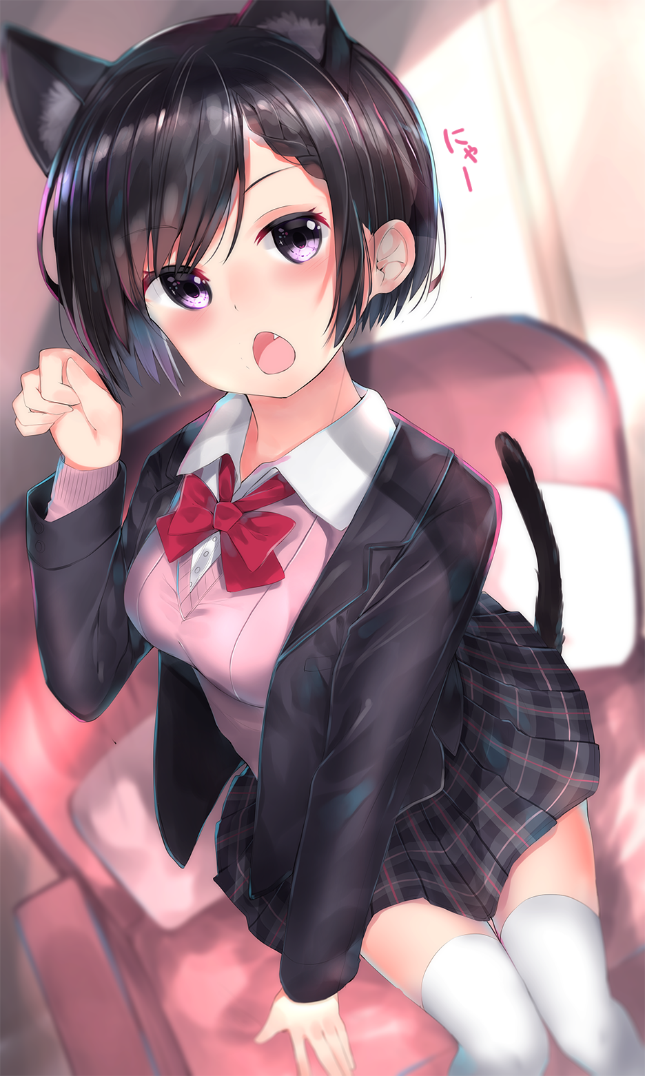 1girl animal_ears arm_support armchair bangs black_blazer black_hair black_skirt blazer blurry blurry_background blush bow bowtie breasts cardigan cat_ears cat_tail chair collared_shirt commentary_request depth_of_field dutch_angle eyebrows_visible_through_hair fang head_tilt highres jacket long_sleeves looking_at_viewer medium_breasts neku_(neku_draw) open_blazer open_clothes open_jacket open_mouth original paw_pose pillow pink_cardigan plaid plaid_skirt pleated_skirt red_neckwear school_uniform shirt short_hair sitting skirt solo tail thigh-highs violet_eyes white_legwear white_shirt