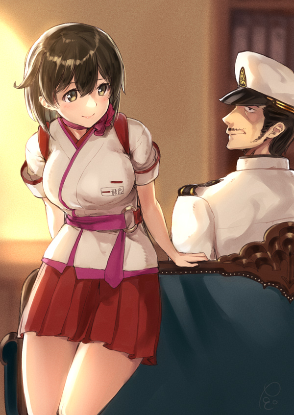 1boy 1girl admiral_(kantai_collection) black_hair brown_eyes brown_hair chair cowboy_shot employee_uniform epaulettes facial_hair hat hiryuu_(kantai_collection) kantai_collection military military_uniform mustache naval_uniform peach_(airline) peaked_cap pleated_skirt poco_(backboa) red_skirt short_hair signature skirt stewardess uniform