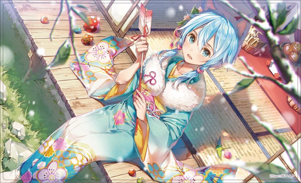 1girl animal_ears artist_name blue_eyes blue_hair blue_kimono cat_ears day dsmile floral_print fur_trim hair_between_eyes hair_ornament holding japanese_clothes kimono looking_at_viewer open_mouth outdoors shinon_(sao-alo) short_hair_with_long_locks sidelocks sitting solo sword_art_online white_legwear