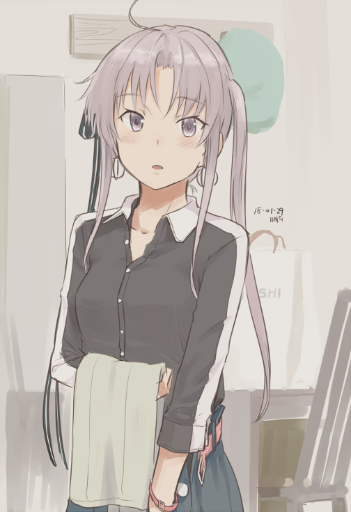 1girl ahoge akitsushima_(kantai_collection) alternate_costume artist_name bag bangs belt blush bracelet buttons chair dated dress_shirt earrings eyebrows_visible_through_hair hat hat_removed headwear_removed holding holding_clothes hoop_earrings indoors jewelry kantai_collection kawashina_(momen_silicon) lavender_hair long_hair long_sleeves looking_at_viewer mitsukoshi_(department_store) open_mouth shirt shopping_bag sidelocks skirt solo table twintails upper_body violet_eyes wing_collar