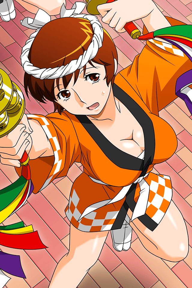 1girl arms_up breasts brown_eyes brown_hair cleavage from_above large_breasts official_art open_mouth short_hair short_sleeves solo standing super_real_mahjong sweatdrop tabi tanaka_ryou toyohara_etsuko