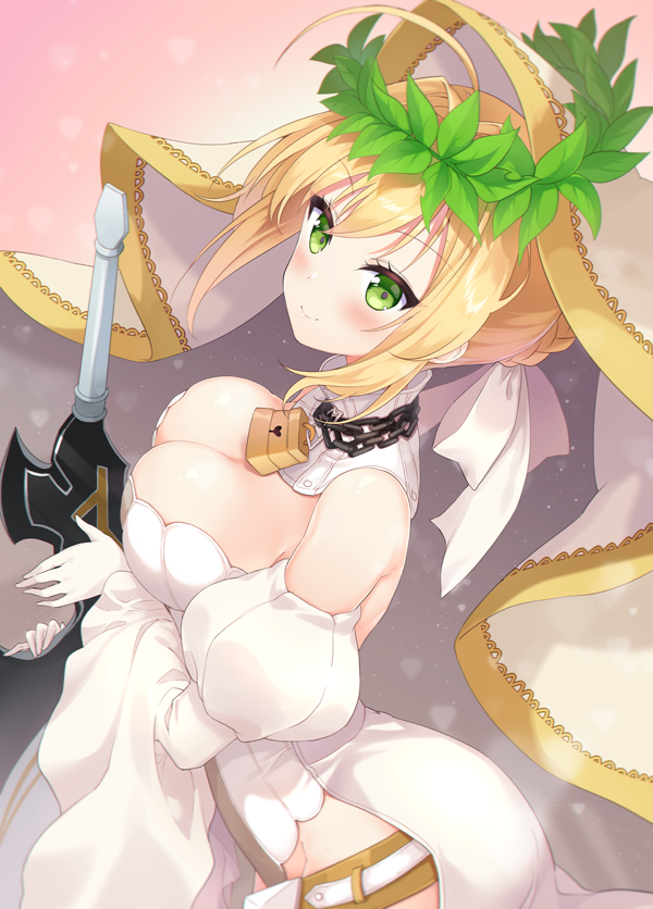 1girl aestus_estus ahoge arched_back ass bare_shoulders belt blush bouncing_breasts braid breasts bridal_veil chains cleavage detached_sleeves eyebrows_visible_through_hair fate/extra fate/extra_ccc fate_(series) from_side gloves green_eyes hair_intakes hair_ribbon head_wreath large_breasts leotard lock long_sleeves moorina nero_claudius_(bride)_(fate) nero_claudius_(fate) nero_claudius_(fate)_(all) no_bra padlock puffy_long_sleeves puffy_sleeves ribbon solo strapless strapless_leotard veil white_gloves white_leotard white_ribbon wreath