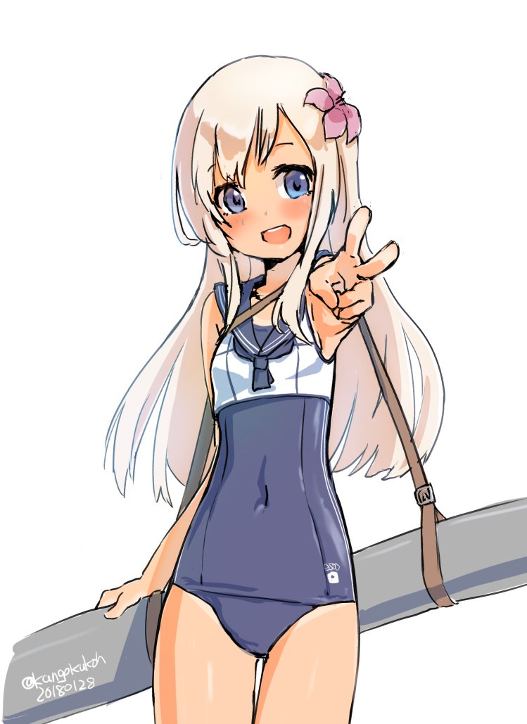 1girl blonde_hair blue_eyes blue_swimsuit covered_navel cowboy_shot crop_top dated flower hair_flower hair_ornament kangoku_kou kantai_collection looking_back one-piece_swimsuit one-piece_tan open_mouth ro-500_(kantai_collection) sailor_collar school_swimsuit simple_background smile solo swimsuit swimsuit_under_clothes tan tanline torpedo twitter_username v white_background