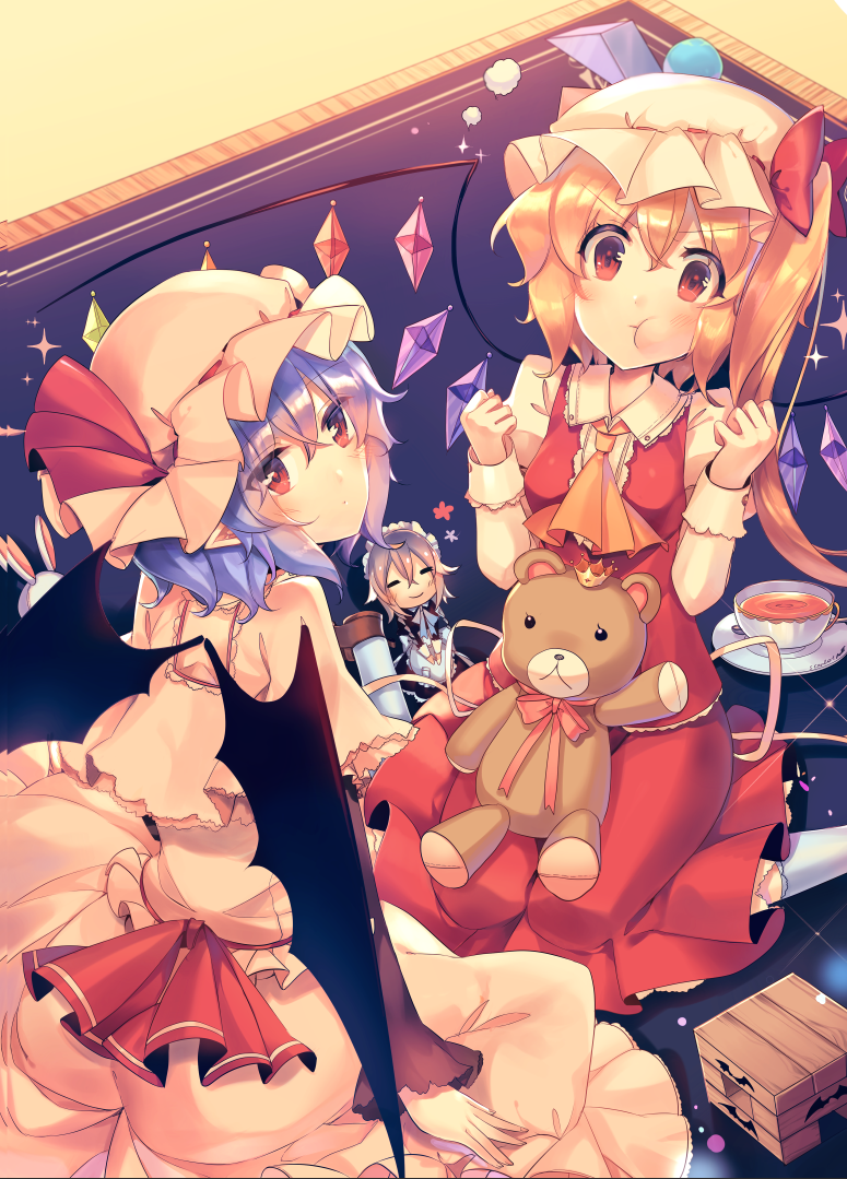 &gt;:t 3girls :t apron ascot bat_wings blonde_hair blue_hair bow breasts capelet carpet clenched_hands closed_eyes commentary_request crown cup dress eyebrows_visible_through_hair flandre_scarlet from_behind hair_between_eyes hands_up hat hat_bow hat_ribbon izayoi_sakuya jenga juliet_sleeves kirero long_sleeves looking_at_viewer looking_back maid_apron maid_headdress mini_crown mob_cap multiple_girls neck_ribbon pink_dress pointy_ears puffy_sleeves rabbit red_bow red_eyes red_ribbon remilia_scarlet ribbon side_ponytail silver_hair sitting small_breasts smile sparkle stuffed_animal stuffed_toy teacup teddy_bear touhou v-shaped_eyebrows wariza white_legwear wings yellow_neckwear