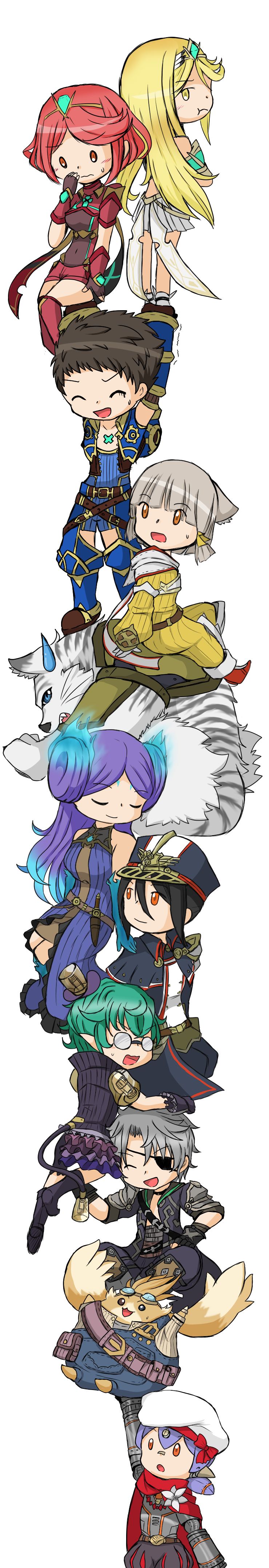 2boys 6+girls absurdres animal_ears armor artist_request black_hair bodysuit breasts brown_hair byakko_(xenoblade) cat_ears chibi closed_eyes crotchless_pants curly_hair dress eyepatch glasses gloves goggles hana_(xenoblade) hat highres kagutsuchi_(xenoblade) long_hair long_image meleph_(xenoblade) military military_uniform mythra_(xenoblade) niyah nopon overalls pauldrons pyra_(xenoblade) redhead reverse_trap rex_(xenoblade_2) saika_(xenoblade) short_hair sieg_b_goku_genbu smile tall_image tora_(xenoblade) uniform xenoblade xenoblade_2