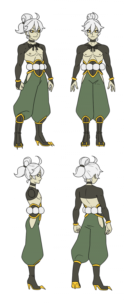 1boy ahoge areolae clawed_boots full_body high_heels indivisible male_focus multiple_views nagatekkou official_art ren_(indivisible) silver_hair simple_background slit_pants topknot turnaround white_hair yellow_eyes