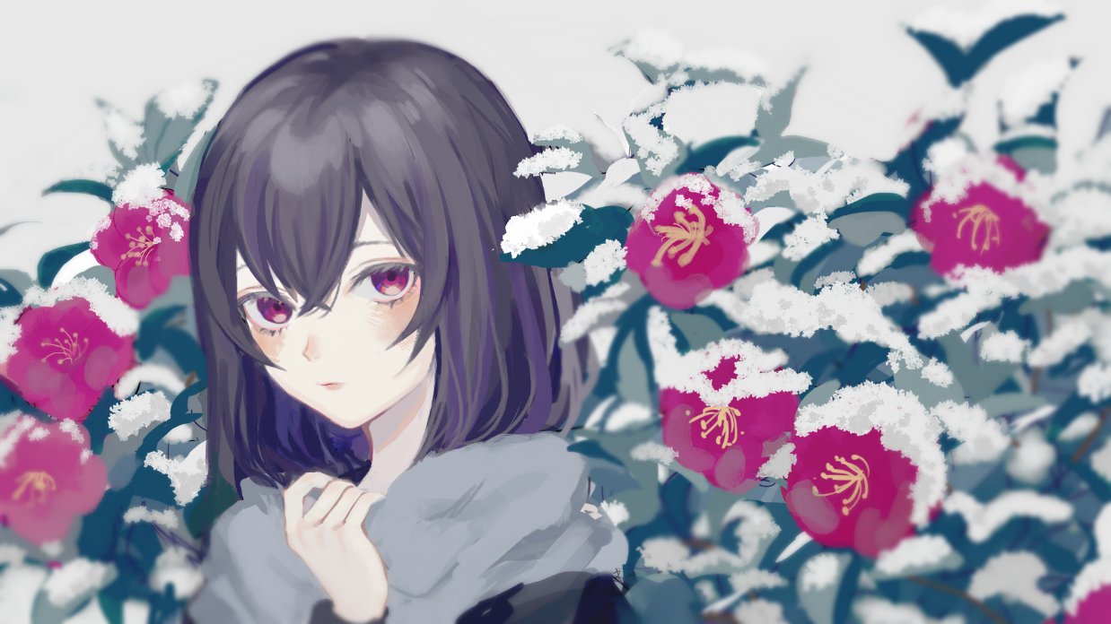 1girl bangs blush closed_mouth flower_request grey_background grey_hair grey_scarf hair_between_eyes hand_up looking_at_viewer original p2_(uxjzz) pink_eyes short_hair snow solo