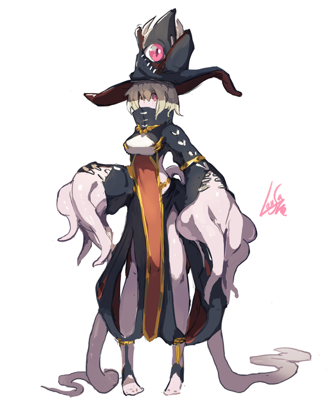 1girl blonde_hair blue_pants breasts extra_eyes full_body hat high_collar lansane long_sleeves looking_at_viewer medium_breasts monster_girl open_pants original pants pigeon-toed pink_eyes puffy_pants purple_skin short_hair signature solo standing tabard teeth tentacle