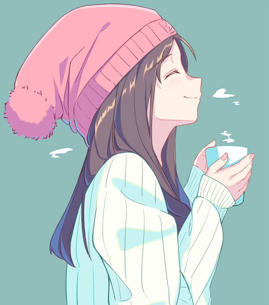 1girl ^_^ aqua_background beanie brown_hair casual closed_eyes closed_mouth cup from_side hat holding holding_cup itachi_kanade long_hair long_sleeves nail_polish original pink_hat pink_nails profile shiny shiny_hair simple_background sleeves_past_wrists smile solo steam sweater two-handed upper_body white_sweater