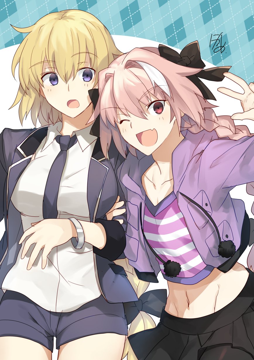 1boy 1girl astolfo_(fate) black_skirt blazer blonde_hair blue_eyes braid casual eyebrows_visible_through_hair fang fate/apocrypha fate/grand_order fate_(series) hair_ribbon highres holding_arm hood hooded_jacket jacket jeanne_d'arc_(fate) jeanne_d'arc_(fate)_(all) looking_at_viewer miniskirt multicolored_hair necktie nikame open_clothes open_jacket open_mouth pink_hair red_eyes ribbon short_shorts shorts signature single_braid skirt smile trap white_hair wristband