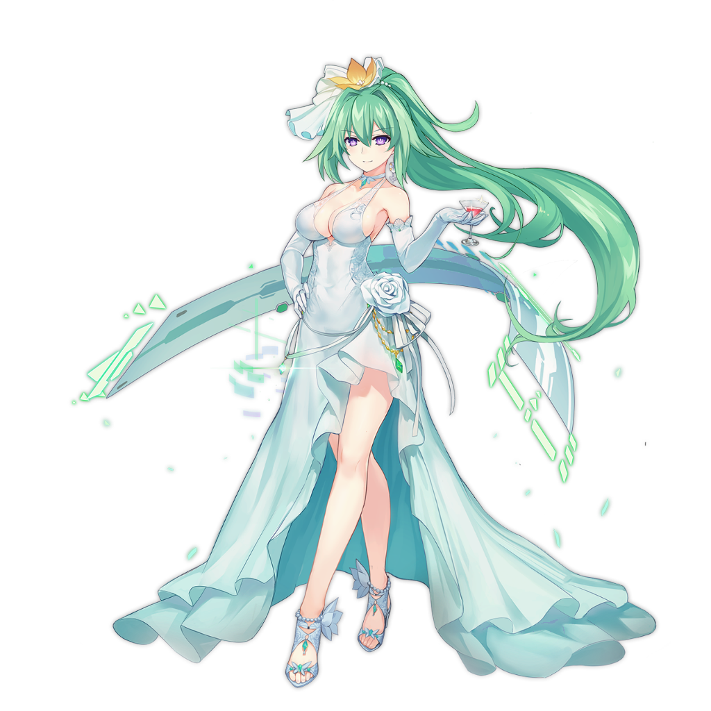 1girl azur_lane bare_shoulders breasts cleavage closed_mouth cocktail_glass cup diamond_(shape) dress drink drinking_glass elbow_gloves eyebrows eyebrows_visible_through_hair flower full_body gloves green_hair green_heart hair_flower hair_intakes hair_ornament hand_on_hip high_ponytail large_breasts legs_crossed long_hair neptune_(series) official_art power_symbol rose simple_background smile solo standing symbol-shaped_pupils transparent_background tsunako violet_eyes watson_cross white_dress white_flower white_gloves white_rose