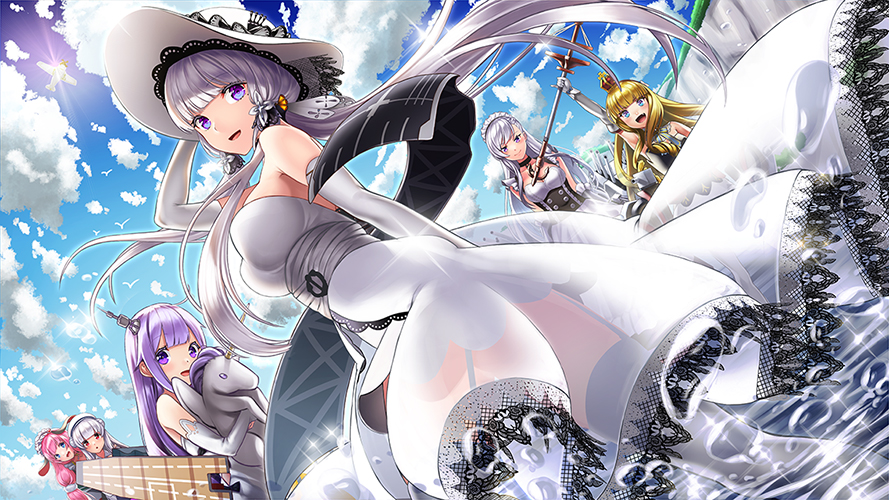 6+girls :d apron azur_lane bangs bare_shoulders belfast_(azur_lane) bird blonde_hair blue_eyes blue_sky blunt_bangs blush breasts character_request closed_mouth clouds cloudy_sky collar commentary_request cygnet_(azur_lane) day droplet elbow_gloves flight_deck gloves hair_ornament hand_on_headwear hand_up hat illustrious_(azur_lane) kyon_(fuuran) large_breasts long_hair looking_at_viewer maid maid_headdress metal_collar multiple_girls open_mouth outdoors pink_hair purple_hair queen_elizabeth_(azur_lane) red_eyes sash silver_hair sky smile standing stuffed_animal stuffed_toy stuffed_unicorn suffolk_(azur_lane) sun_hat twintails underbust unicorn_(azur_lane) violet_eyes white_gloves white_hat