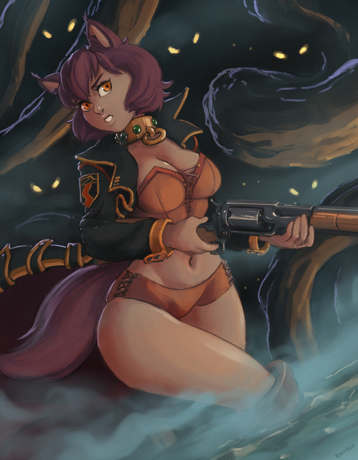 1girl animal_ears ashtoreth_illacrimo boots borrowed_character breasts brown_hair bustier cleavage clenched_teeth collar dutch_angle gun large_breasts long_jacket midriff navel orange_eyes original outdoors roxy_rex short_hair short_shorts shorts solo standing swamp tail teeth tree water weapon wolf_ears wolf_tail