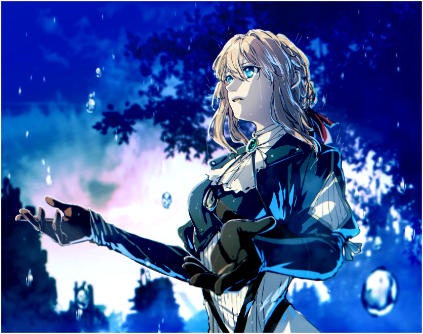 1girl blonde_hair blue_eyes braid crying french_braid from_behind gloves parted_lips rain s_tanly solo tree violet_evergarden violet_evergarden_(character) water_drop