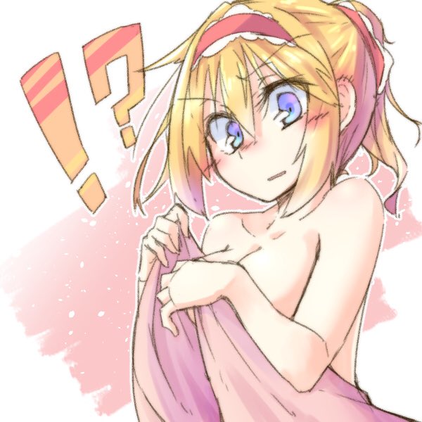 !? 1girl alice_margatroid bangs blonde_hair blue_eyes blush breasts cleavage dondyuruma eyebrows_visible_through_hair hair_between_eyes hairband looking_at_viewer medium_breasts multicolored multicolored_background naked_towel pink_towel ponytail short_hair solo touhou towel two-tone_background upper_body