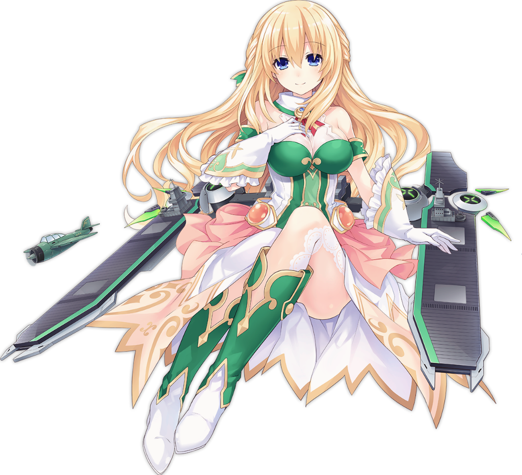 1girl aircraft airplane azur_lane bangs bare_shoulders blonde_hair blue_eyes blush boots breasts cleavage closed_mouth diamond_(shape) dress flight_deck frilled_gloves frills full_body gloves hair_between_eyes large_breasts long_hair neptune_(series) official_art simple_background smile solo transparent_background tsunako vert white_gloves