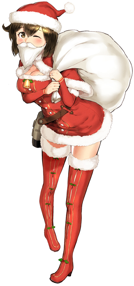 1girl bell brown_eyes brown_hair capelet fake_mustache fur_trim hat hiryuu_(kantai_collection) jewelry kantai_collection long_sleeves one_eye_closed poco_(backboa) pom_pom_(clothes) ring santa_costume santa_hat short_hair signature simple_background solo wedding_band white_background