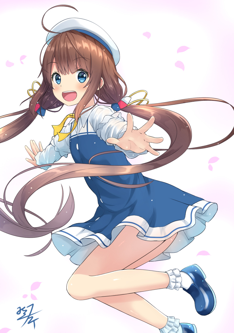 1girl :d ahoge bangs beret blue_dress blue_eyes blue_footwear blush bobby_socks brown_hair commentary_request dress eyebrows_visible_through_hair hat hinatsuru_ai long_hair looking_at_viewer looking_to_the_side low_twintails mikoillust open_mouth outstretched_arms petals ryuuou_no_oshigoto! school_uniform shoes signature smile socks solo spread_arms twintails upper_teeth very_long_hair white_background white_hat white_legwear