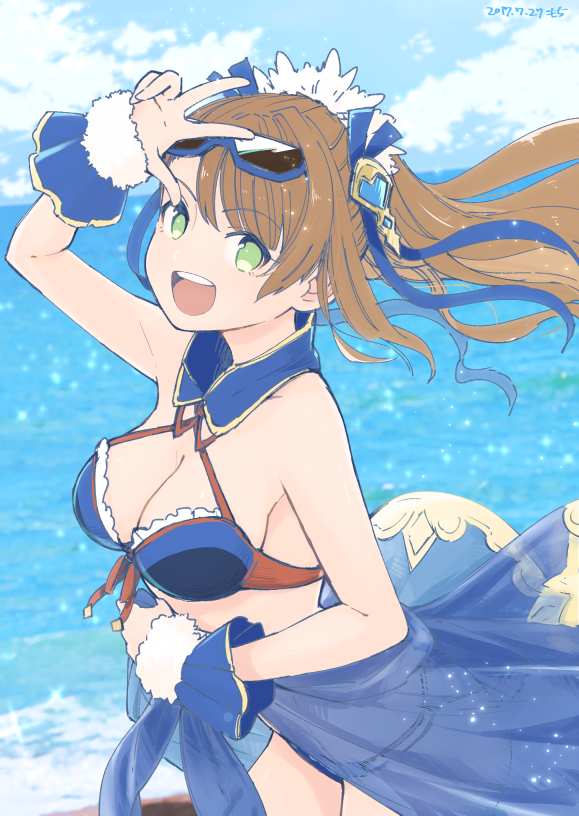 1girl alternate_costume beatrix_(granblue_fantasy) bikini breasts brown_hair cleavage clouds cloudy_sky colored dated front-tie_bikini front-tie_top granblue_fantasy green_eyes hair_ornament motitoy ocean ponytail sash sky smile sparkle sunglasses swimsuit w
