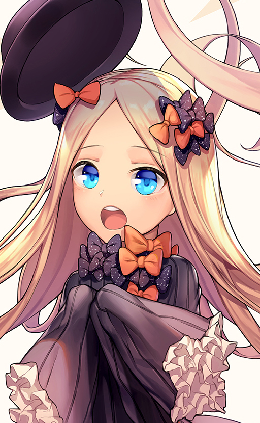 1girl :o abigail_williams_(fate/grand_order) bangs black_bow black_dress black_hat blonde_hair blue_eyes blush bow butterfly dress eyebrows_visible_through_hair fate/grand_order fate_(series) forehead hair_bow hat hat_removed headwear_removed lee_seok_ho long_hair long_sleeves looking_at_viewer open_mouth orange_bow parted_bangs polka_dot polka_dot_bow signature sleeves_past_fingers sleeves_past_wrists solo upper_teeth very_long_hair