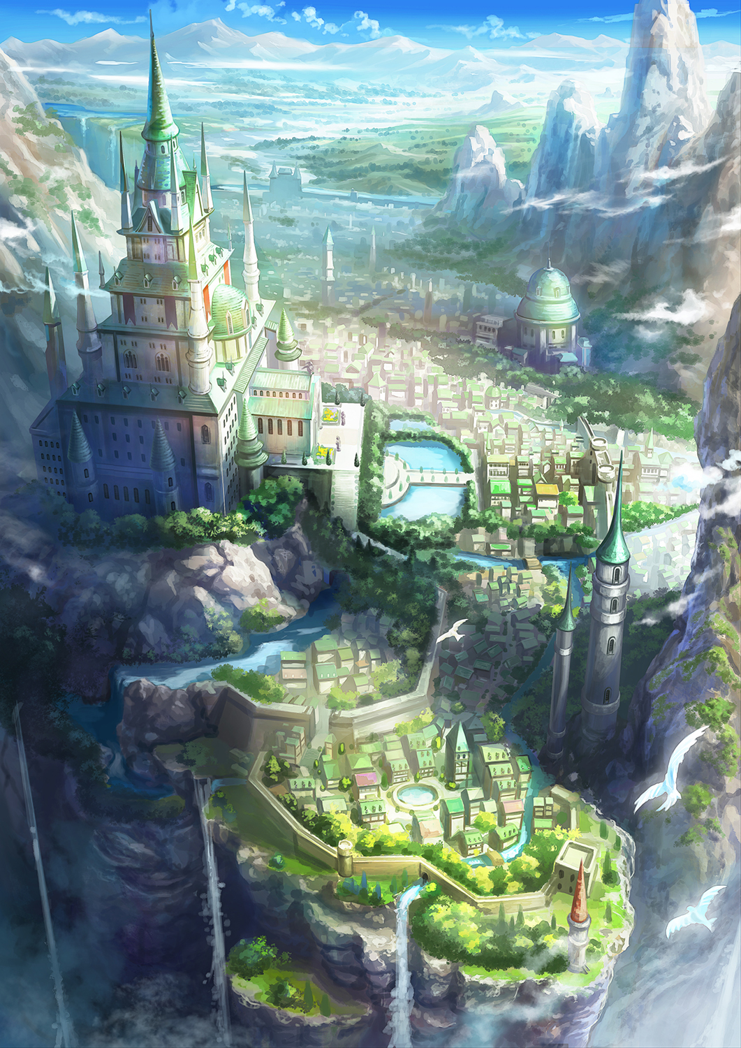 bird blue_sky bridge castle city cliff clouds day fantasy flower_bed fountain from_above gate highres kazemachi_(akainan) mountain no_humans original river scenery sky statue tower tree wall water waterfall