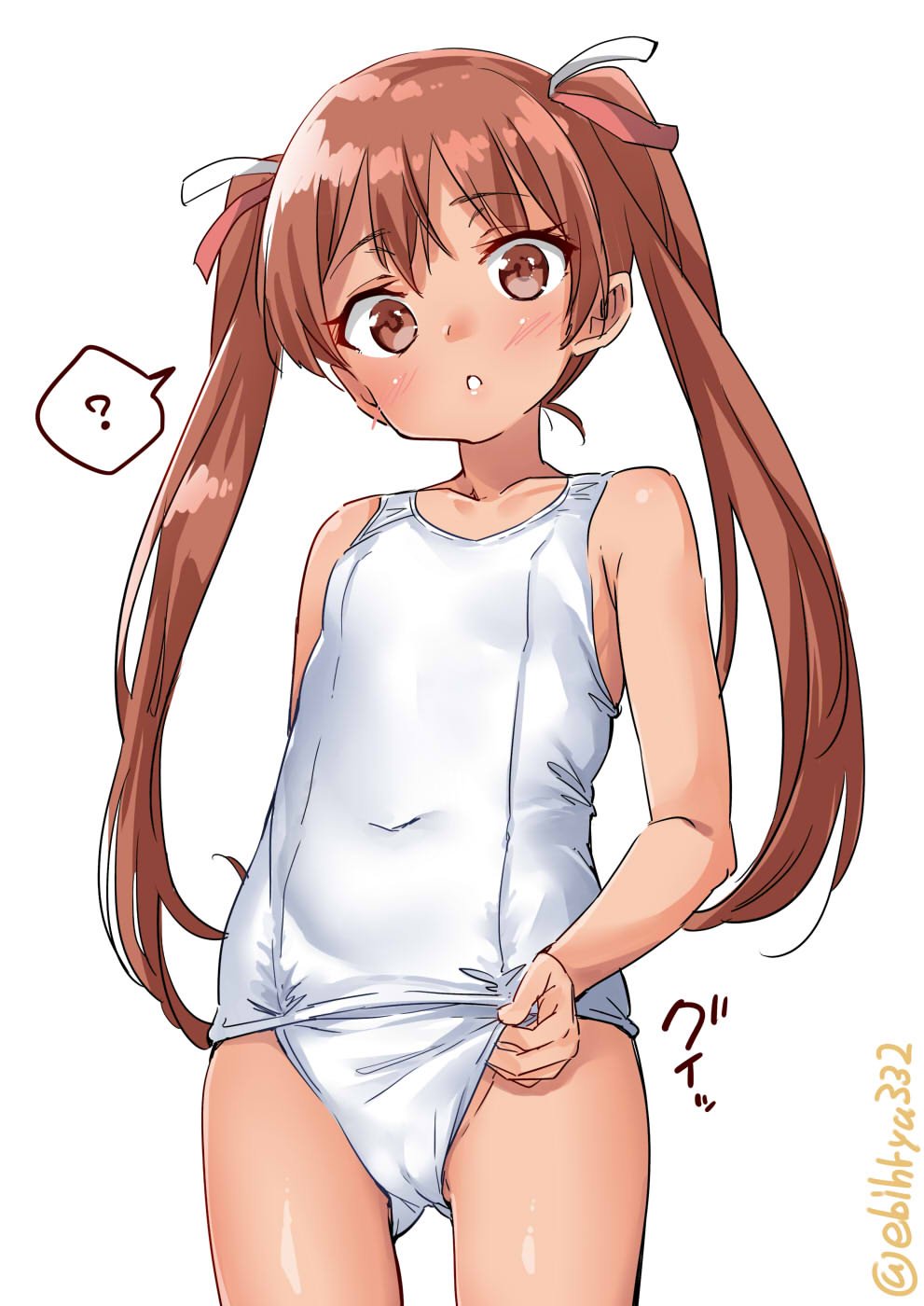 1girl ? brown_eyes brown_hair cowboy_shot ebifurya from_below highres kantai_collection libeccio_(kantai_collection) long_hair looking_at_viewer school_swimsuit simple_background solo swimsuit tan twintails twitter_username white_background white_school_swimsuit white_swimsuit