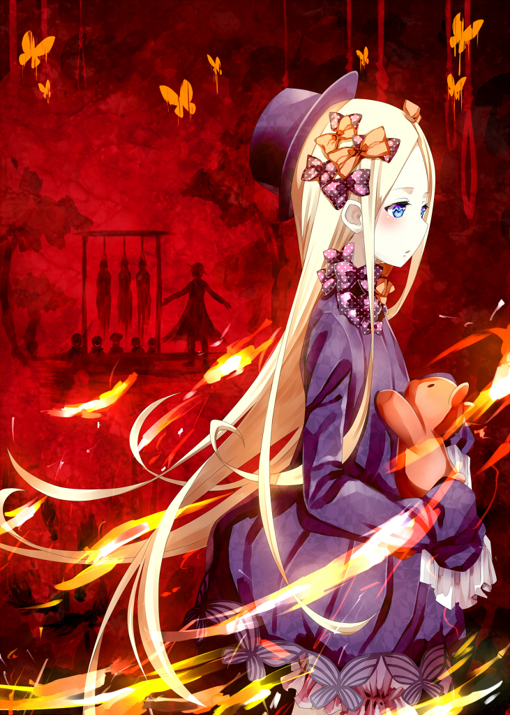 1girl abigail_williams_(fate/grand_order) bangs black_bow black_dress black_hat blonde_hair bloomers blue_eyes blush bow butterfly commentary dress fate/grand_order fate_(series) fire from_side hair_bow hanging hat long_hair long_sleeves looking_away lutecia_syndrome object_hug orange_bow outstretched_arms parted_bangs parted_lips polka_dot polka_dot_bow silhouette sleeves_past_fingers sleeves_past_wrists solo_focus stuffed_animal stuffed_toy teddy_bear underwear very_long_hair white_bloomers