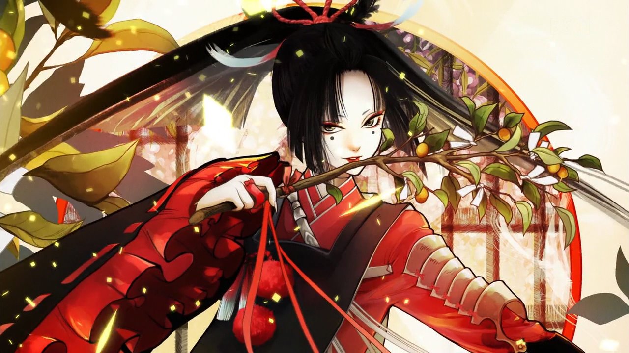 1boy black_hair branch feathers fingernails hair_feathers japanese_clothes kogarasumaru_(touken_ranbu) lipstick looking_at_viewer makeup male_focus official_art pale_skin parted_lips pom_pom_(clothes) ponytail red_lips screencap sharp_fingernails smile solo touken_ranbu touken_ranbu:_hanamaru upper_body