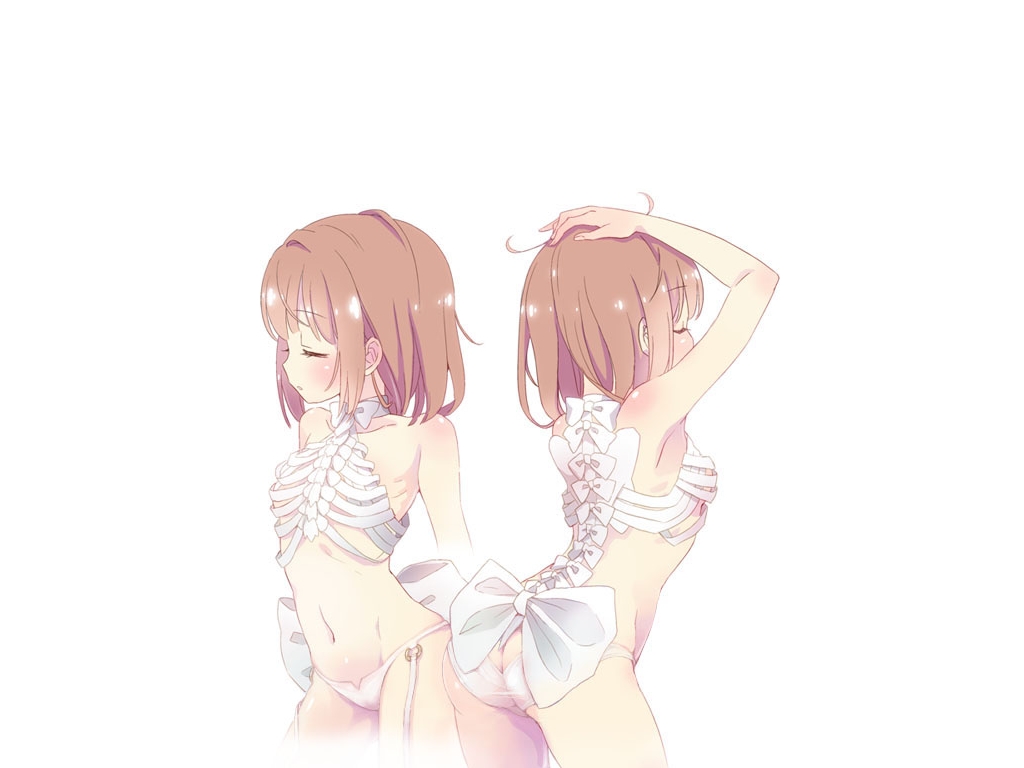 2girls :o ass blush breasts brown_hair closed_eyes flat_chest frisk_(undertale) garterbelt open_mouth panties ribbon short_hair small_breasts twins undertale white_background yugaiga