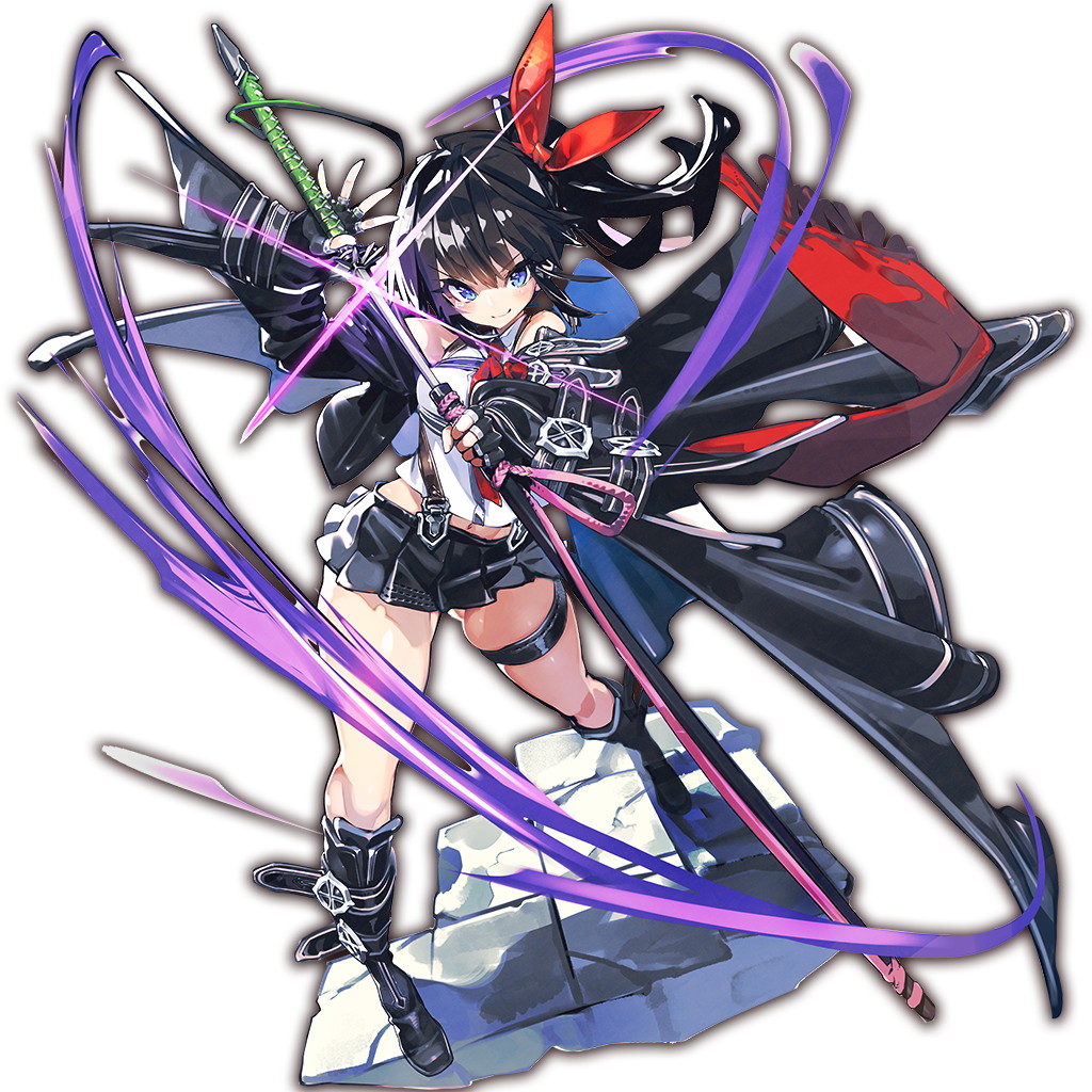 1girl black_footwear black_hair blue_eyes blush boots coat fingernails floating_hair full_body holding holding_sword holding_weapon last_period long_hair long_sleeves looking_at_viewer midriff official_art open_clothes open_coat pleated_skirt scabbard sheath skirt smile solo standing suspenders sword thigh_strap unsheathing weapon