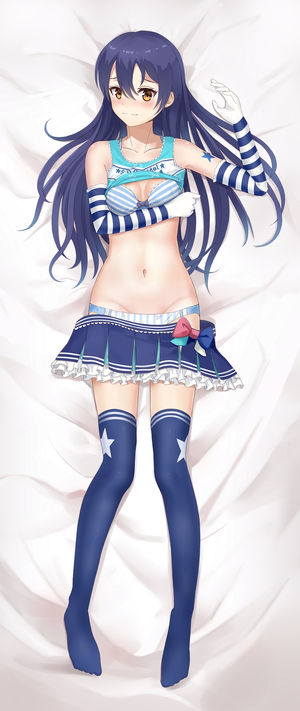 1girl artist_request bangs bare_shoulders bed_sheet blue_hair blue_legwear blue_skirt blush bra breasts cheerleader crop_top elbow_gloves frilled_skirt frills gloves headset highres lifted_by_self long_hair looking_at_viewer love_live! love_live!_school_idol_festival love_live!_school_idol_project lying midriff navel on_back panties ribbon shirt_lift skirt skirt_pull small_breasts smile solo sonoda_umi star striped striped_bra striped_gloves striped_panties takaramonozu thigh-highs underwear yellow_eyes zettai_ryouiki