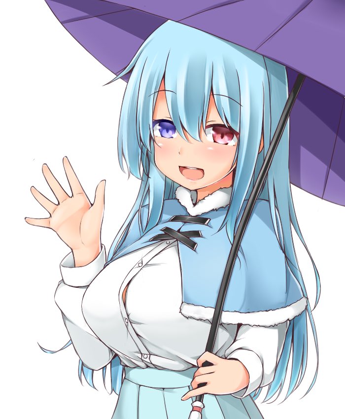 1girl :d alternate_hair_length alternate_hairstyle blue_eyes blue_hair blush breasts capelet commentary garasuita heterochromia large_breasts long_hair long_sleeves looking_at_viewer older open_mouth pleated_skirt red_eyes skirt smile solo tatara_kogasa touhou umbrella waving