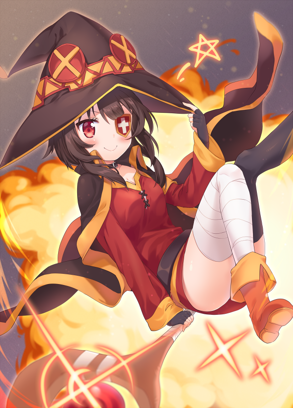 1girl ass bandage bandaged_leg belt black_gloves black_legwear blush boots button_eyes cape collar convenient_leg dress explosion eyepatch fingerless_gloves full_body gloves hat holding holding_staff kono_subarashii_sekai_ni_shukufuku_wo! long_sleeves looking_at_viewer magic megumin mismatched_legwear moorina orange_footwear red_dress red_eyes short_dress short_hair_with_long_locks single_thighhigh smile solo staff star thigh-highs witch_hat