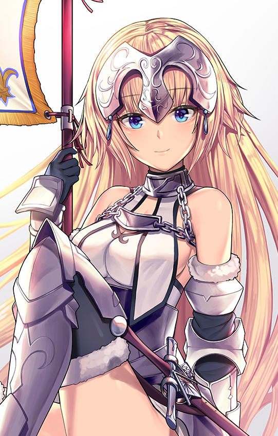 1girl armor black_gloves blonde_hair blue_eyes closed_mouth fate/apocrypha fate_(series) flag gloves gradient gradient_background grey_background headpiece jeanne_d'arc_(fate) jeanne_d'arc_(fate)_(all) lee_seok_ho long_hair looking_at_viewer signature sitting smile solo
