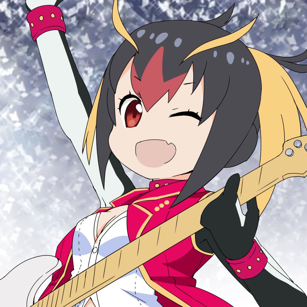 1girl :d ;d arm_up black_hair blonde_hair breasts buttons choker cleavage dress_shirt eyebrows eyebrows_visible_through_hair eyelashes facing_away fang guitar holding holding_instrument instrument kemono_friends kisachi_(12) long_hair looking_at_viewer multicolored_hair no_nose official_style one_eye_closed open_clothes open_mouth open_vest pink_choker pink_vest red_eyes redhead rockhopper_penguin_(kemono_friends) shirt smile solo tatsuki_(irodori)_(style) twintails upper_body v-shaped_eyebrows vest white_shirt wristband