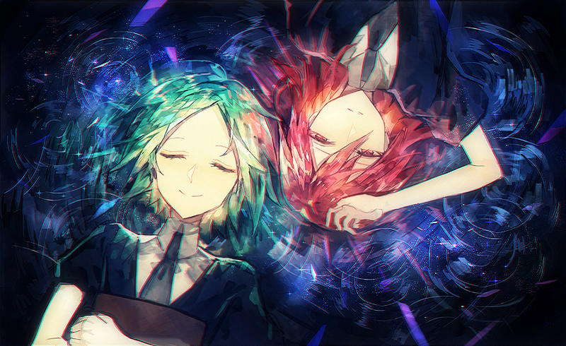 369minmin androgynous closed_eyes gem_uniform_(houseki_no_kuni) green_hair houseki_no_kuni looking_at_viewer lying lying_on_water necktie on_back phosphophyllite red_eyes redhead shinsha_(houseki_no_kuni) short_hair smile