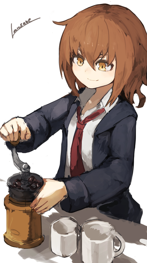 1girl blue_jacket brown_hair character_request closed_mouth coffee_grinder collared_shirt cup hair_between_eyes holding jacket kantai_collection lansane long_sleeves necktie orange_eyes red_neckwear shirt short_hair signature simple_background smile solo wakaba_(kantai_collection) white_background white_shirt wing_collar