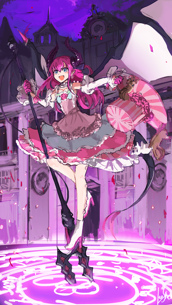 1girl :d blue_eyes blush castle detached_sleeves dot_nose dress elizabeth_bathory_(fate) elizabeth_bathory_(fate)_(all) fate/extra fate/extra_ccc fate_(series) fish_tail frilled_dress frills hat hat_removed headwear_removed high_heels holding holding_hat holding_spear holding_weapon horns lansane long_hair looking_at_viewer magic magic_circle nail_polish open_mouth pantyhose pink_hair pink_nails polearm sketch smile solo spear standing standing_on_one_leg tail top_hat weapon white_legwear wings